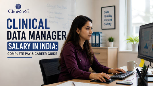 Clinical data manager analyzing clinical trial data on a laptop