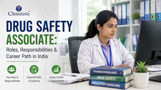 Drug safety associate reviewing adverse event reports in a pharmacovigilance office