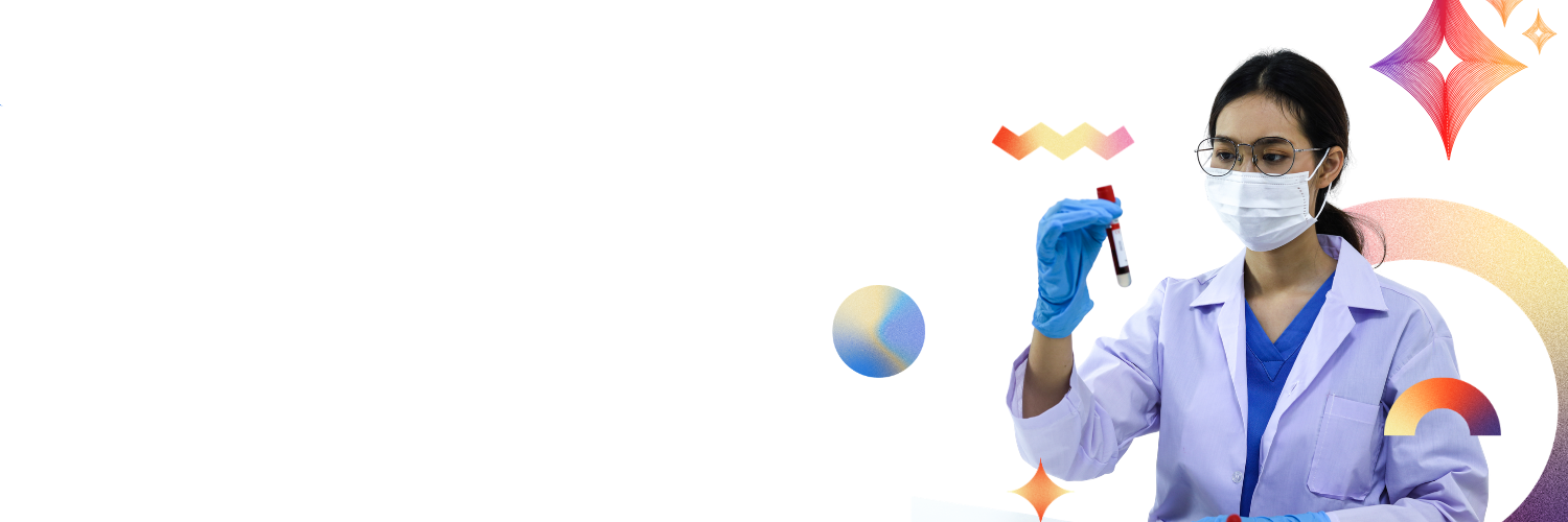 Person in a lab coat holding a test tube with colorful elements and stars in the background