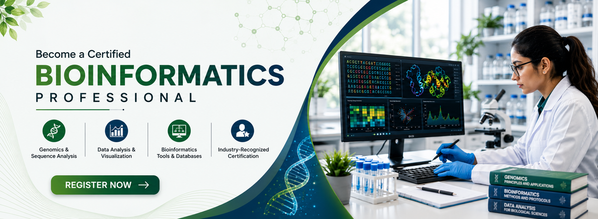 Promotional banner for a Bioinformatics Professional certification program, featuring a female scientist in a lab wearing blue gloves and working at a computer on the right, and key certification features listed on the left against a white and green background.